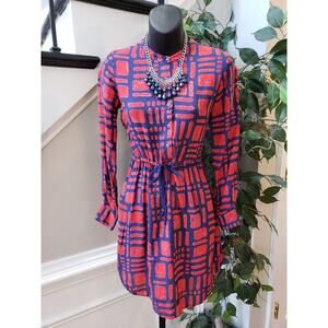 Global Desi Shirt Dress Women's XS Red Blue Geometric Drawstring Roll Tab Sleeve